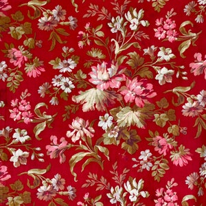 Red floral cotton fabric French antique 1890 vintage medium weight cotton flowers iris pink gray brown olive material pillows Textile Trunk