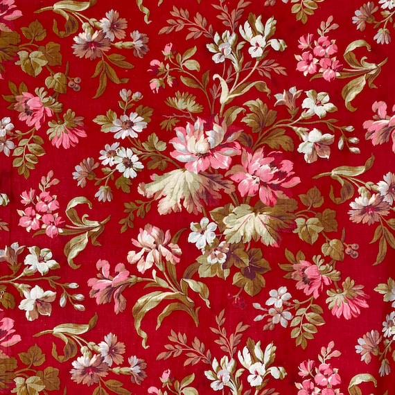 Red Floral Cotton Fabric French Antique 1890 Vintage Medium Etsy