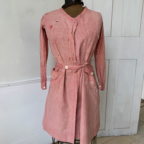 Vintage french  work uniform woman's dress  red g… - image 5