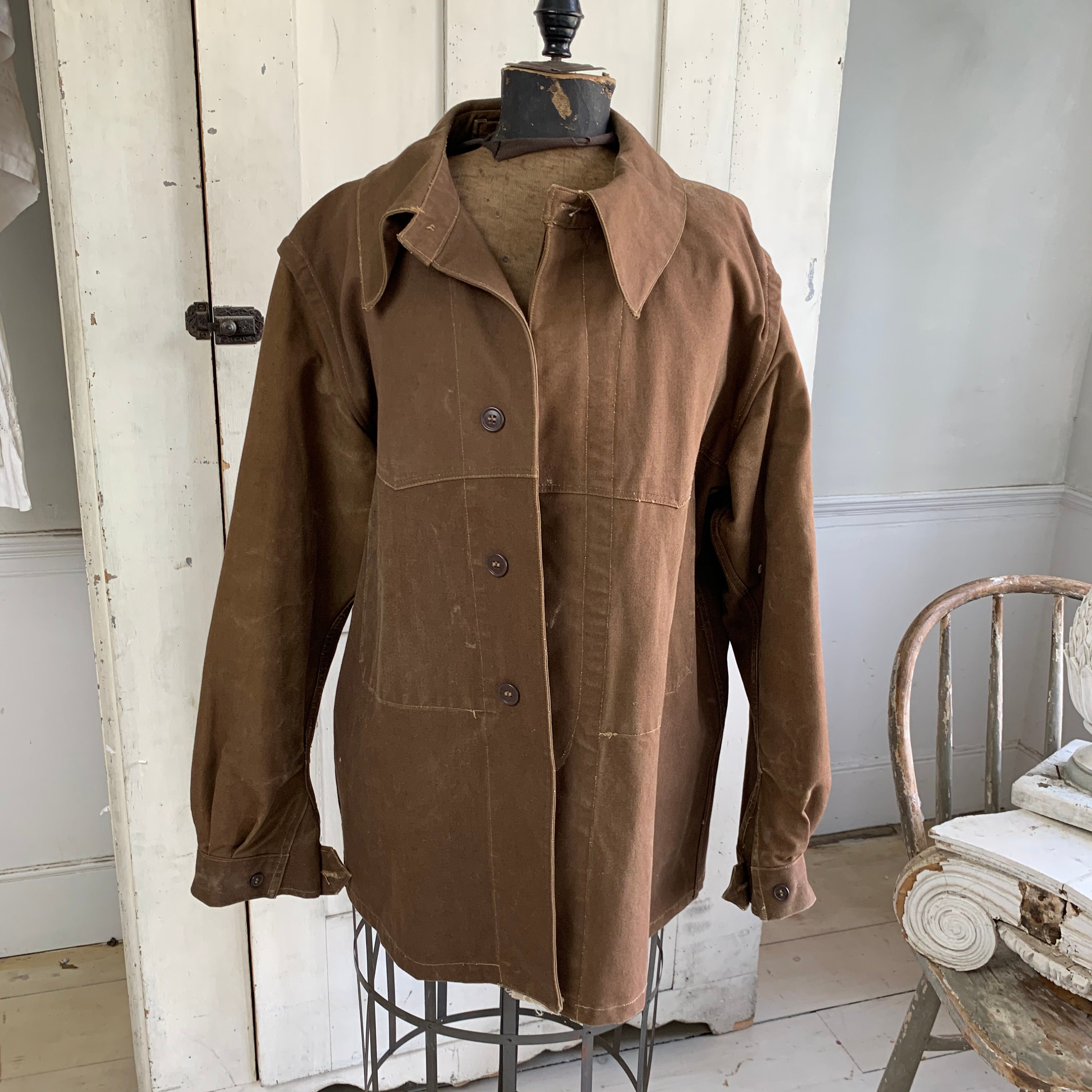 Vintage Canvas Jacket Heavy Brown Cotton Unused French Workwear