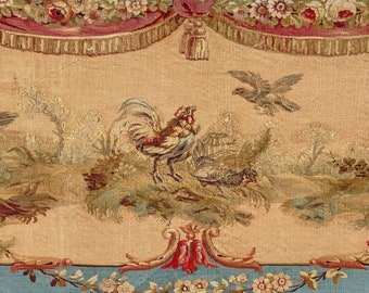 1750 Aubusson tapestry French handmade unique textile hand loomed Turkey Birds chicken rooster chair back upholstery