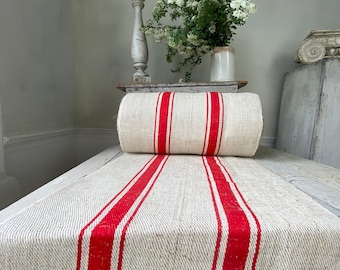 Organic Stair Runner Hemp Grain Sack Fabric Bright red  Stripes  Striped Antique Vintage Cottage  Cottagecore  Textile Trunk