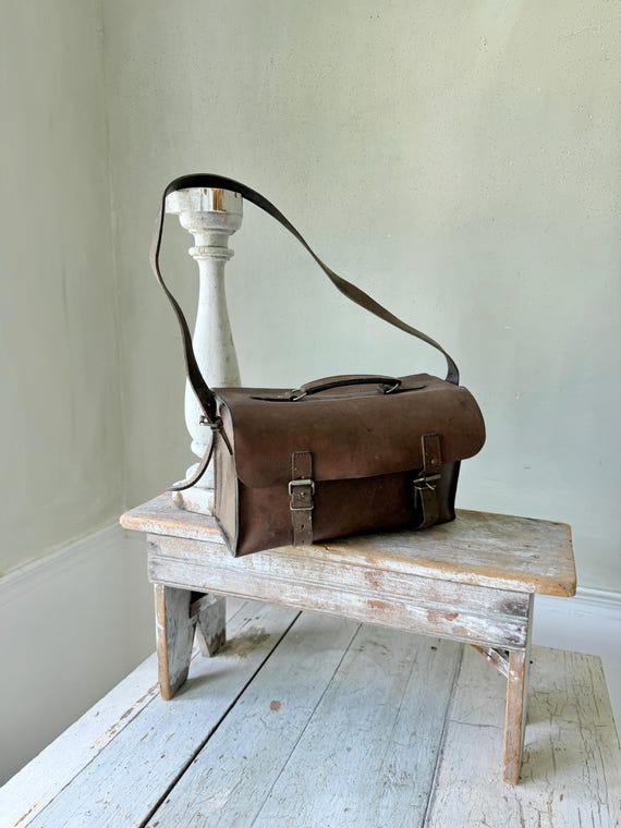c1940 Vintage French Leather Satchel Messenger Bag Boho Shoulder Bag School Bag Postman Bag Brown Leather Wall Art View 2