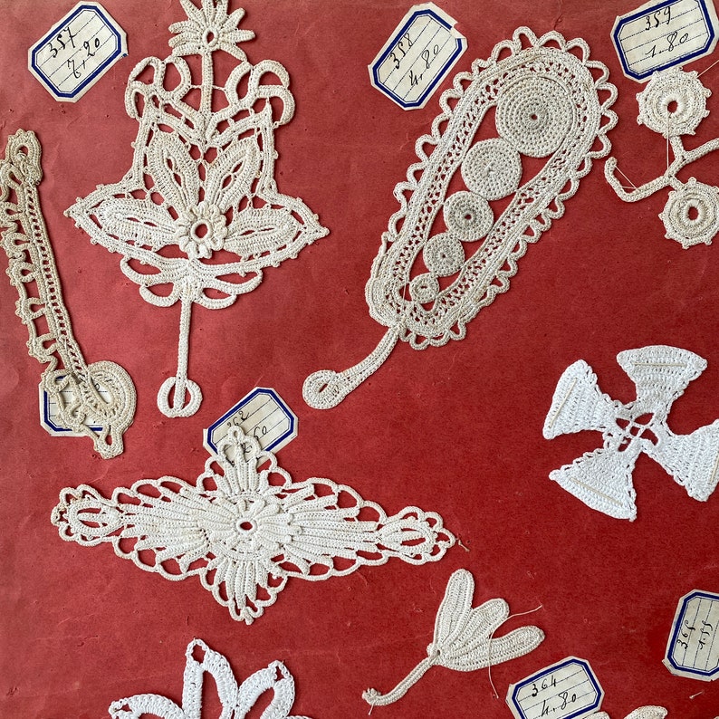 Antique French lace crochet textiles sample book page 13 pieces collection expert salesman image 6