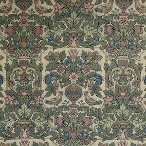 May include: A vintage fabric with a repeating pattern of green, brown, pink, and blue floral motifs. The design features stylized flowers, leaves, and ornate vases.