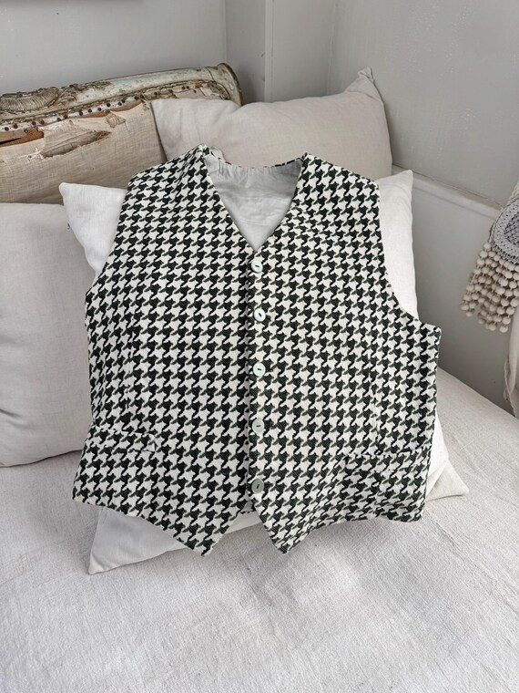 Vintage Wool Cotton Houndstooth Vest 1960’s French Wabi Sabi Tailored Menswear Rustic Home Decor Upcycled Ecofriendly Wall Art tweed