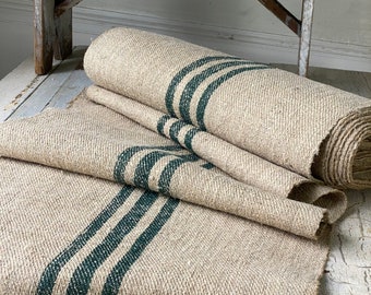 Farmhouse stair runner 2.5 yards heavy hemp Grain sack Fabric Green stripes twill weave Antique homespun linen The Textile Trunk