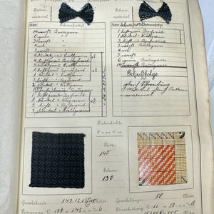 May include: A page from a notebook with handwritten notes about fabric. The page includes a fabric sample, a diagram of the weave, and calculations for the fabric's dimensions. The text includes the words "Klassenarbeit", "Fileiver stoff", "Fadendichte", "Kette", "Schuss", "Gewebebreite", "Gewebel&auml;nge", "Einsprung", "Sinacbeitung", "Kettenl&auml;nge", and "ANDERLITSCHKA JOSEF".