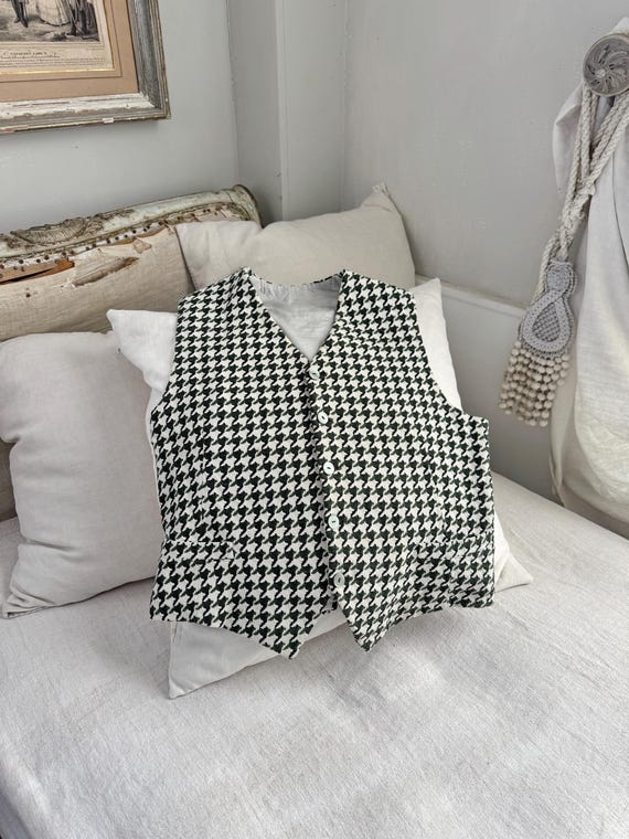 Vintage Wool Cotton Houndstooth Vest 1960’s French Wabi Sabi Tailored Menswear Rustic Home Decor Upcycled Ecofriendly Wall Art tweed View 4