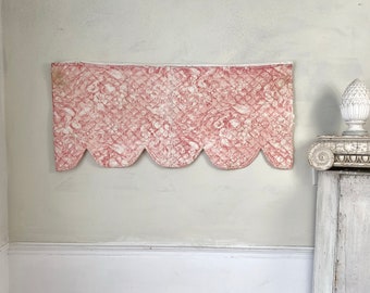 Antique valance quilted French toile d'Alsace France 1830 pink bird basket floral farmhouse cottage fabric material The Textile Trunk