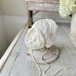 French antique bonnet Tulle white lace needlework embroidered embroidery Coiffe tambour 19th century wall art woman&#39;s bun fashion history