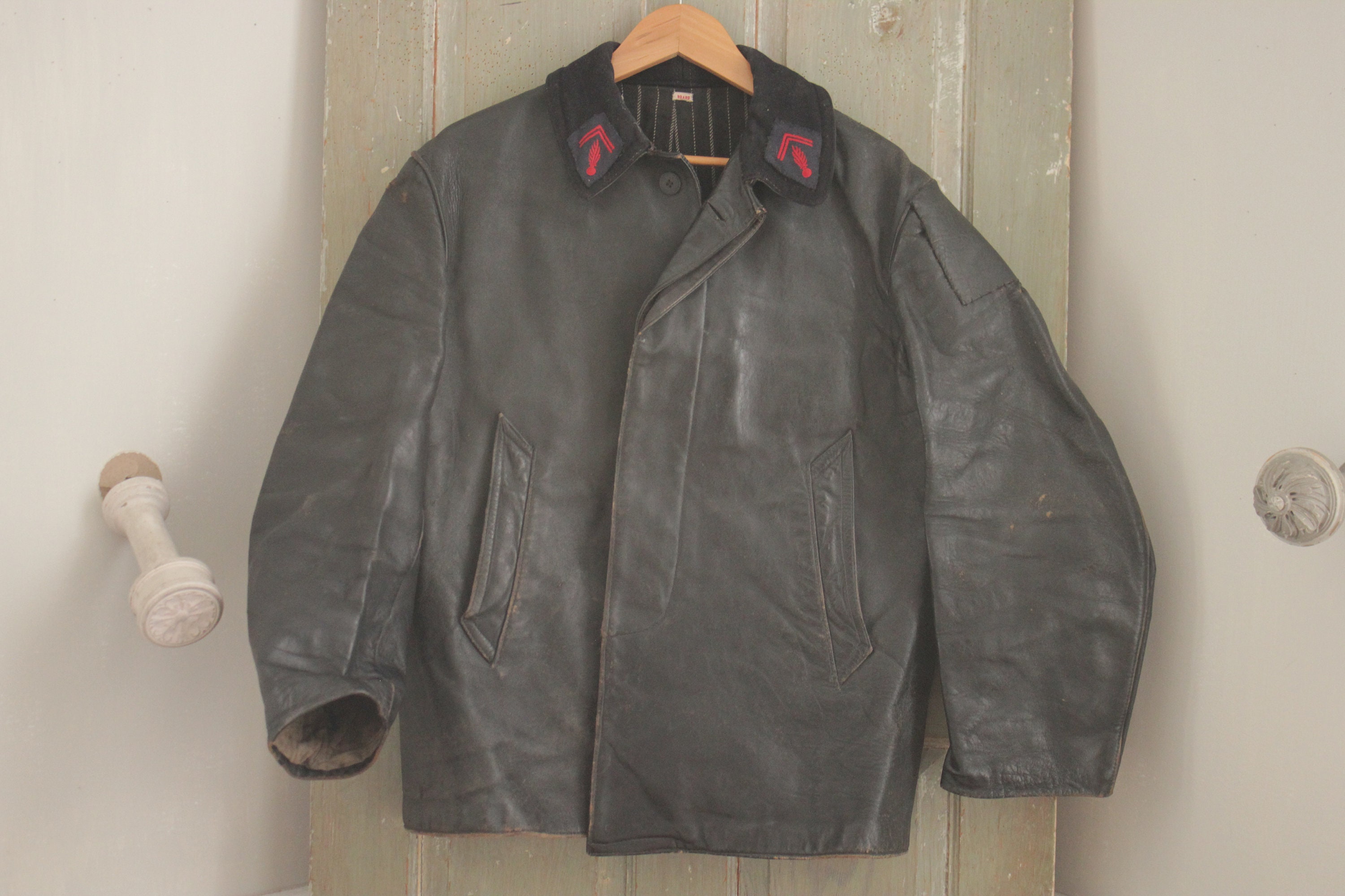 Black Leather Jacket Coat Work Chore Wear Vintage French Fireman's