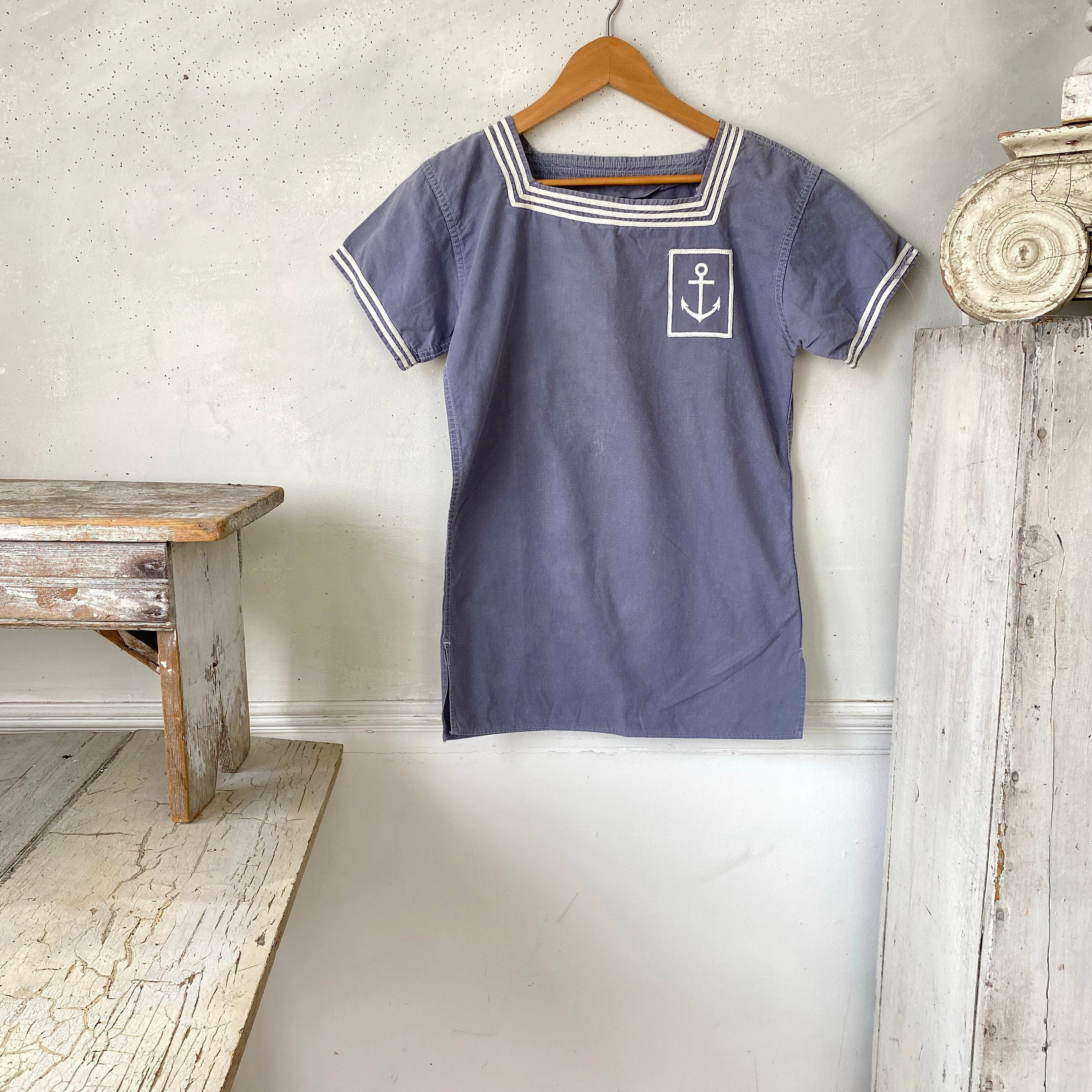 Vintage Faded Sailor Shirt Short Sleeved French 1920's Navy