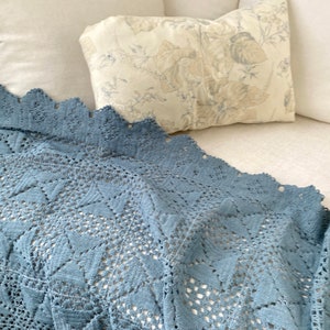 Blue dyed Antique French crocheted Knitted ? Knit  textile Crochet bed cover curtain tablecloth farmhouse cottagecore cottage Coastal home