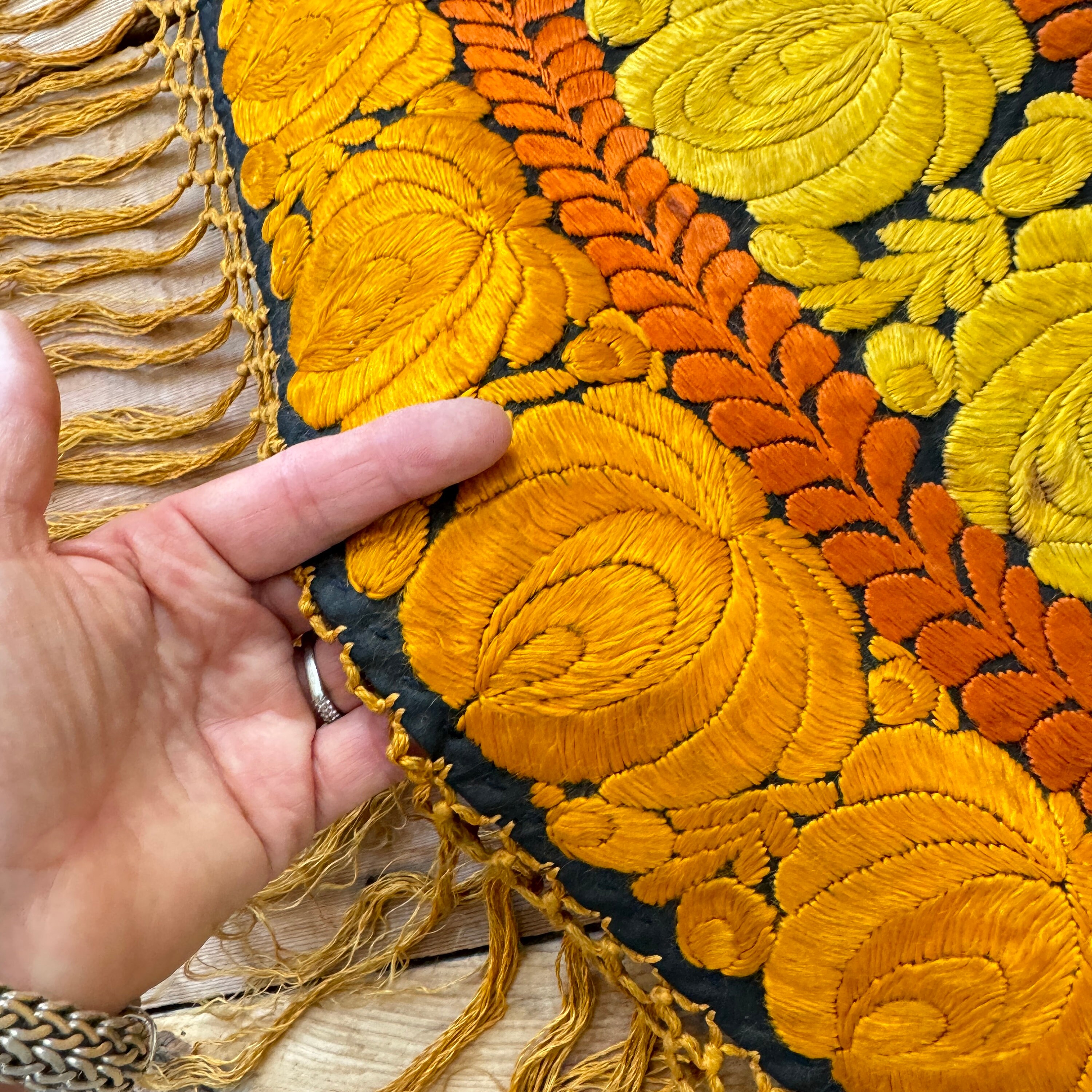 Antique Hungarian Embroidered Tablecloth Round Autumnal Tones