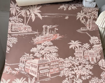 15.5yds Vintage Wallpaper Roll Old Colonial Charleston Town Toile Harbor Scene JWPC NYC 1930s 1940s Brown Pink Unique Wall Art Handmade old