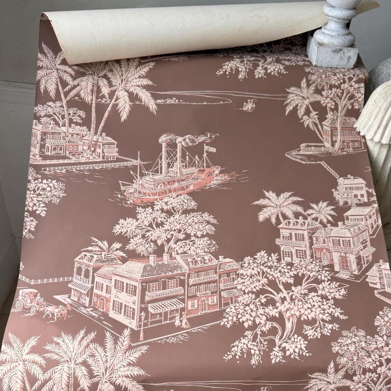 15.5yds Vintage Wallpaper Roll Old Colonial Charleston Town Toile ...