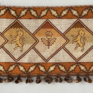 44x9 French Arts Crafts silk embroidered panel  heraldic lion thistle motifs trim textile border handmade needlework regal 19th castlecore