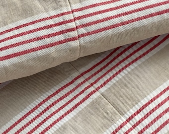 54X22 LONG 1850's Bolster pillow French red khaki striped stripes textile linen and cotton ~ primitive rustic Coastal home  boho