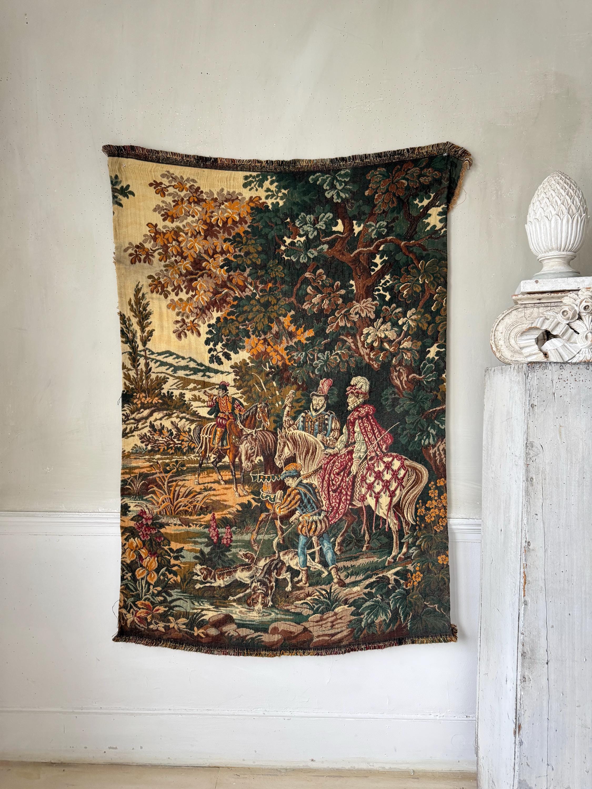 55x38 フランス製タペストリー 中世の狩猟シーン 壁アート