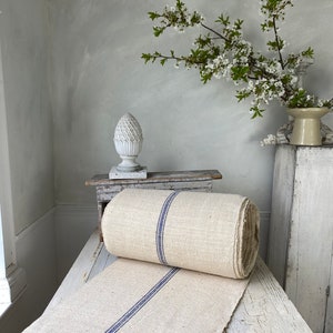 Stair runner heavy hemp Grain sack Fabric by the yard blue Stripe blue stripe Herringbone  weave   Antique homespun linen and cotton