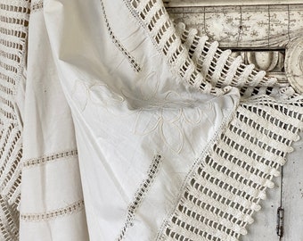 73 X 60 Square  French antique White lace tablecloth  shape c1920 old linens for Christmas thanksgivingUnique window treatment eco-friendly