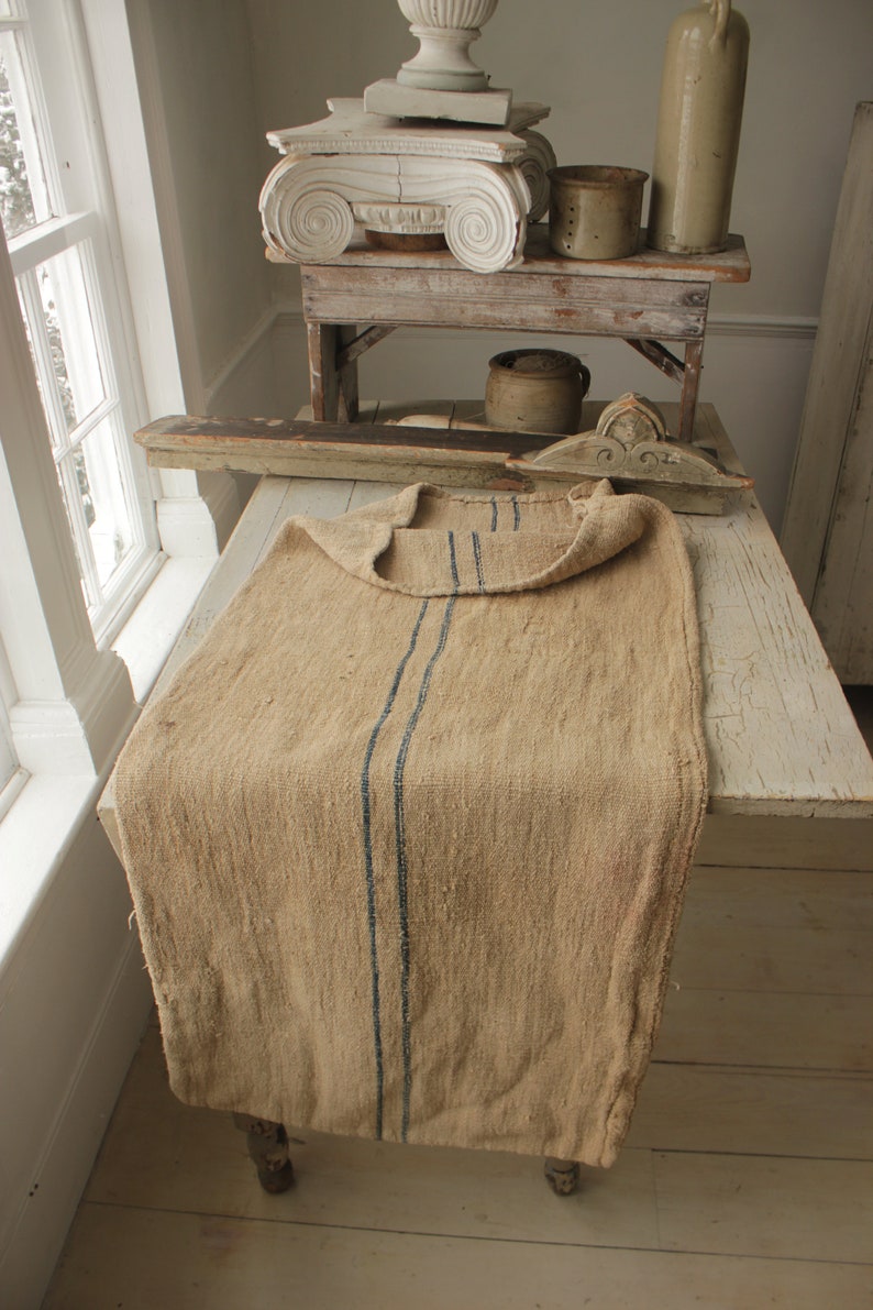 Grain Sack Linen Blue Indigo stripes Fabric Feedsack Rustic Grainsack Vintage bag hemp striped textile European washed Fabric