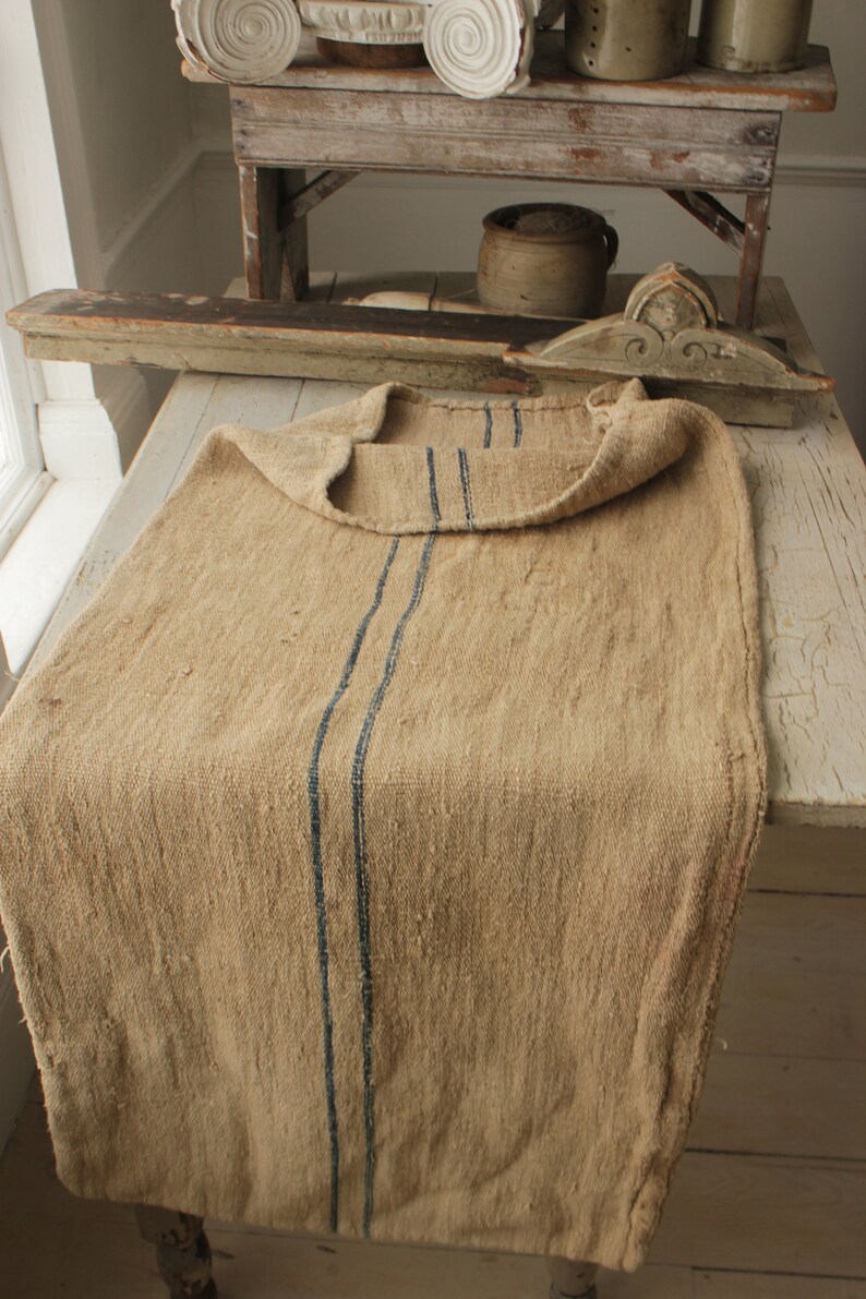 Grain Sack Linen Blue Indigo stripes Fabric Feedsack Rustic Grainsack Vintage bag hemp striped textile European washed Fabric