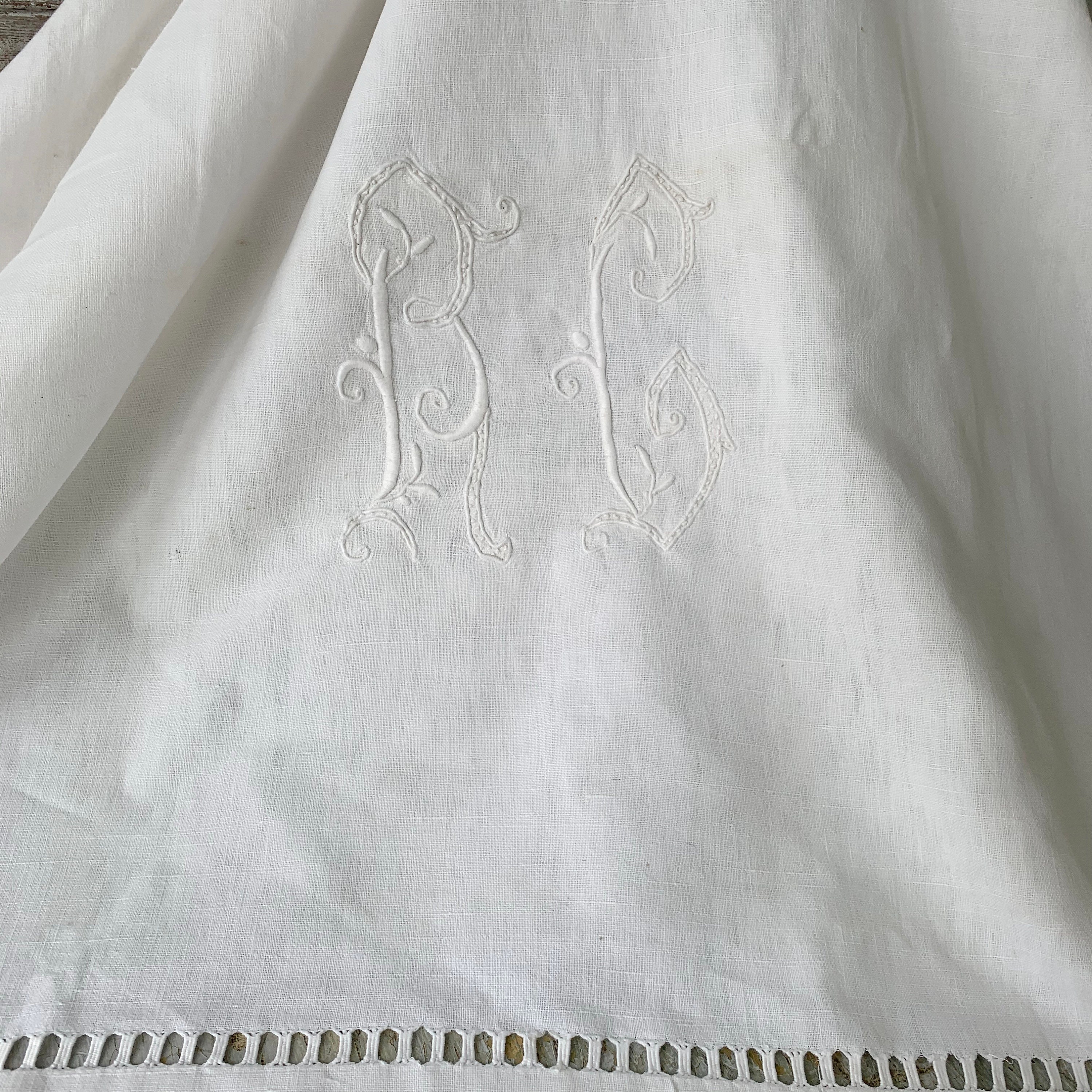 110x77 BC Monogram White Antique French Linen With