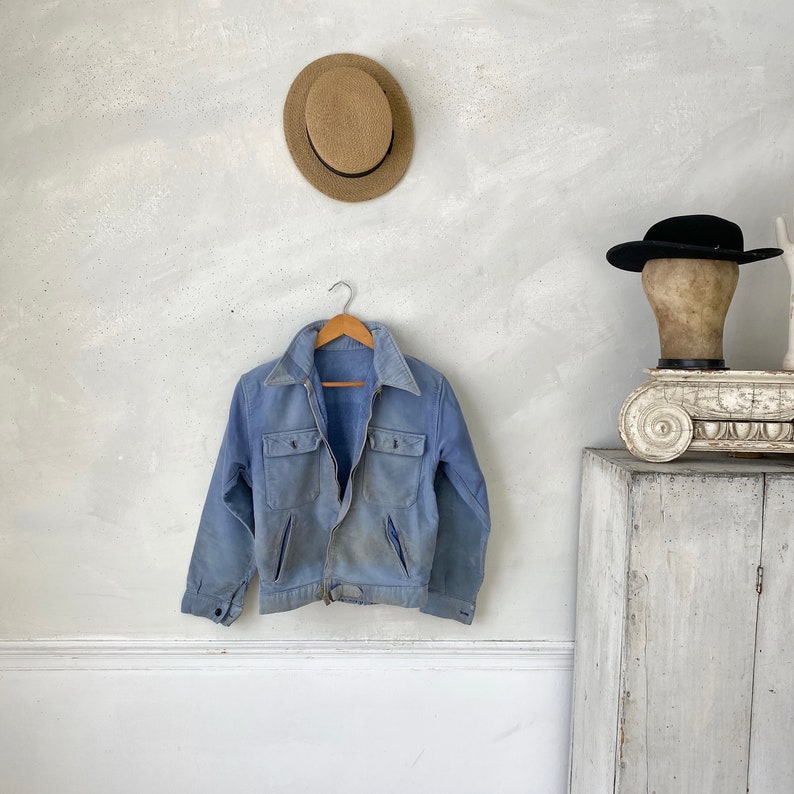 AMAZING WOW Vintage Jean Jacket French Blue Workwear Faded Antique Denim Distressed Coat image 3