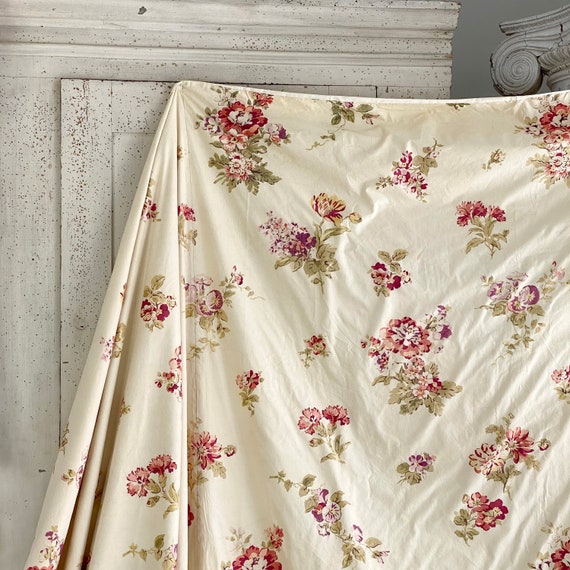 1930's Hand Block Printed Chintz Fabric Antique Rose French Bed