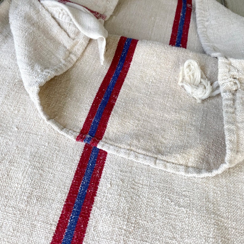 Blue and red striped grain sack grainsack linen fabric antique feed sack stripes vintage bag hemp textile European washed shops The Textile Trunk