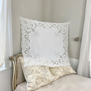 37 X 42 Antique handmade French White Lace tablecloth  square damask festive Christmas Thanksgiving eco-friendly