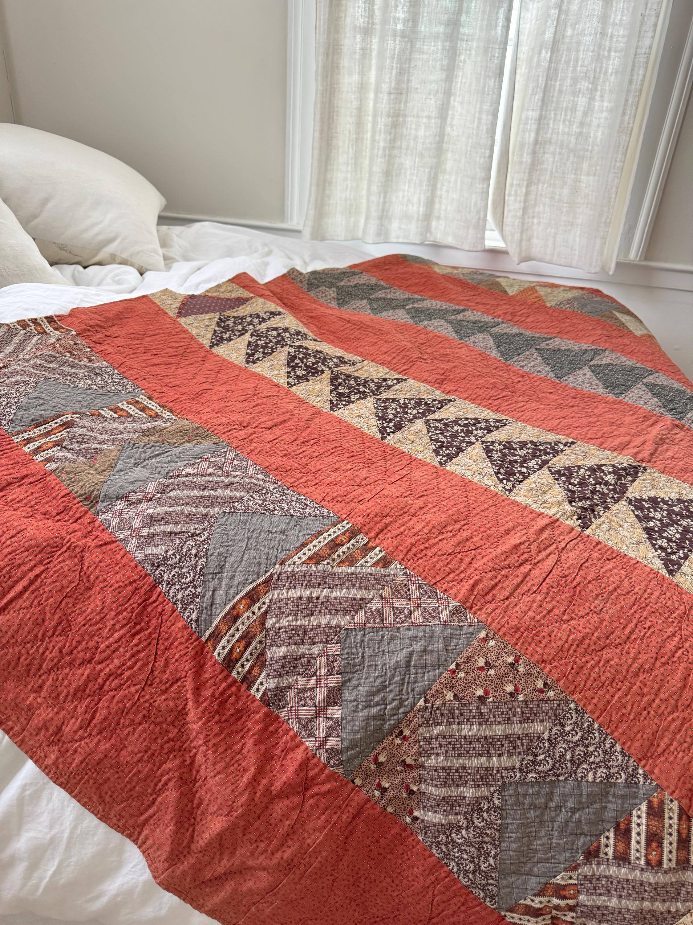 79x75 1850 Antique Flying Geese Patchwork Quilt Autumnal Old Madder ...