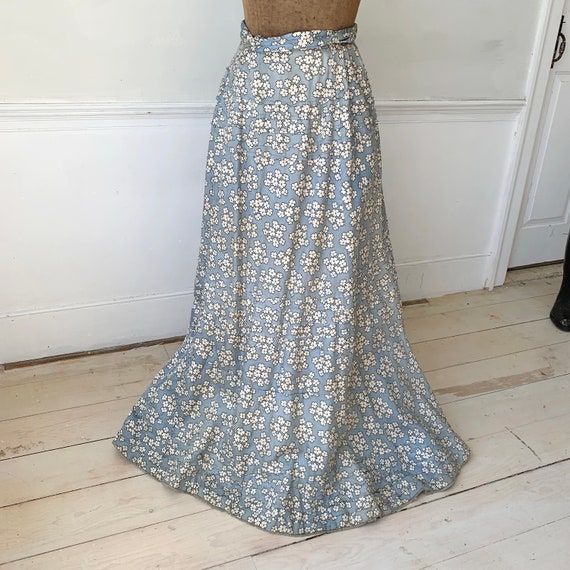 Antique Silk Skirt French blue floral Victorian l… - image 1