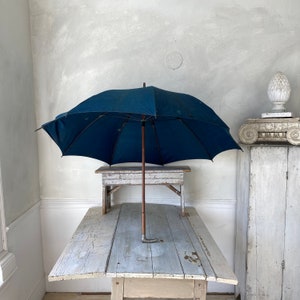 Silver tip  Antique Shepherd&#39;s Umbrella French Parasol Indigo Blue Vintage Textile Coastal home  eco-friendly