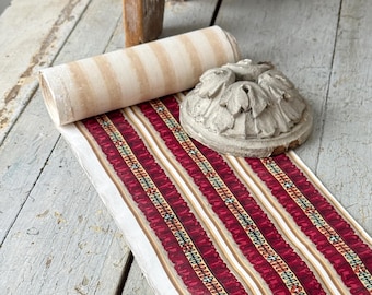 Borde de papel tapiz antiguo de 4,3 yardas, de la década de 1870, con diseño de rayas rojas y doradas, con motivos florales y geométricos, para decoración de casas de campo victorianas y castillos.