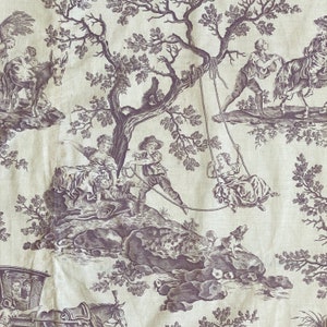 Vintage toile de Jouy curtain bucolic purple 1920s handstitched ruffle cottagecore  farmhouse drape The Textile TrunkUnique window treatment