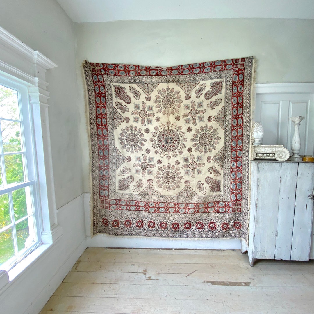 Antique Kalamkari Indian Wall Hanging Bed Cover Block Printed Etsy