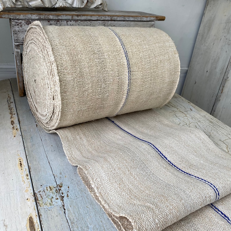 BLUE stripe greige ground Stair Runner Heavy Hemp Grain Sack Fabric by the yard Table runner image 2