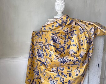 7.11yds French Chintz Fabric Yellow Blue Botanical Vintage Fabric