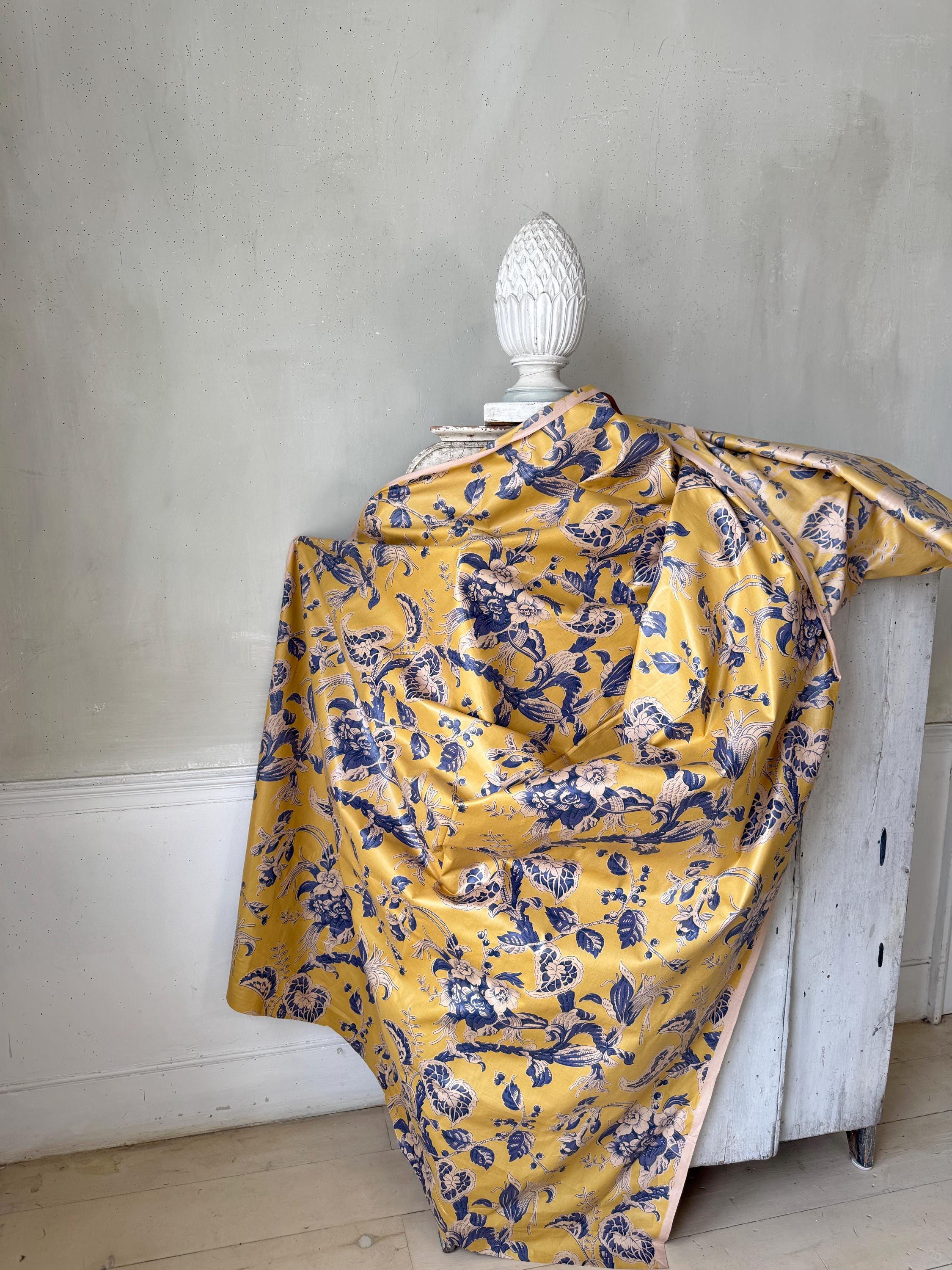 7.11yds French Chintz Fabric Yellow Blue Botanical Vintage Fabric