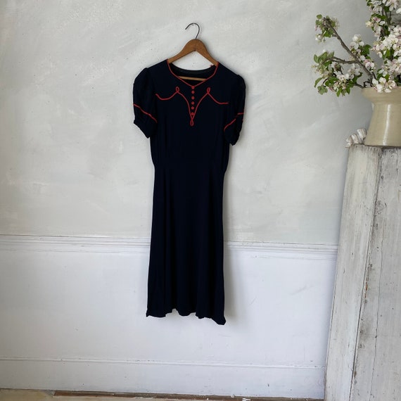 Charming Navy Rayon Women's Dress 1940s Red Accen… - image 6