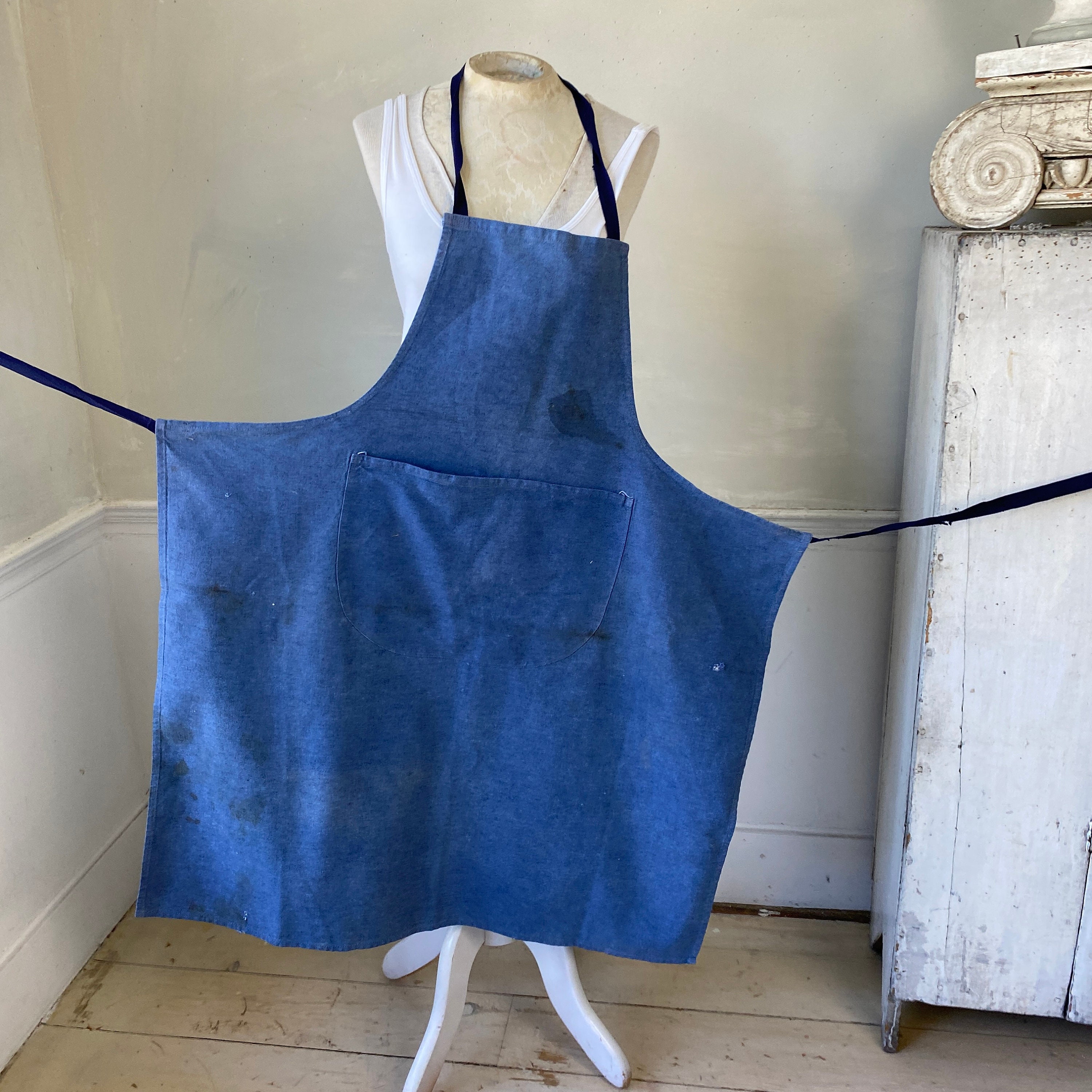 ヴィンテージエプロン フランス製 色褪せたインディゴブルー コットン