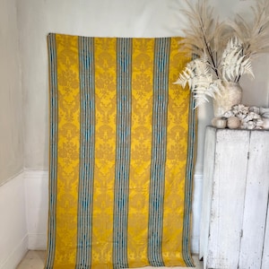 83x51 RARE Antique French Fabric Ticking Striped stripes Napoleon Gold blue  cotton mix fabric High style country cottage farmhouse home