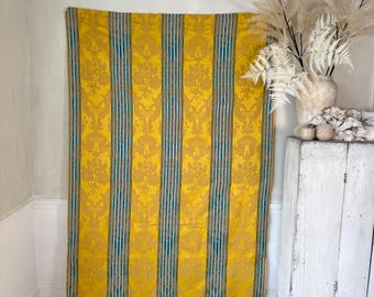 83x51 RARE Antique French Fabric Ticking Striped stripes Napoleon Gold blue  cotton mix fabric High style country cottage farmhouse home