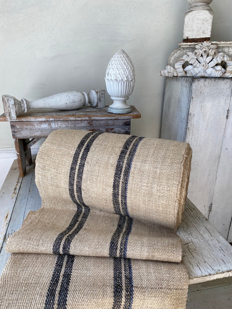 RARE Black Stripe Antique hemp stair table runner by the yard homespun heavy sturdy upholstery fabric textile trunk cottagecore farmhouse image 2
