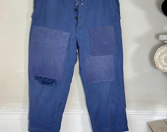 38 French Vintage blue workwear pants trousers distressed Patched mends repairs repaired ecofriendly recycled upcycled clothes denim Indigo