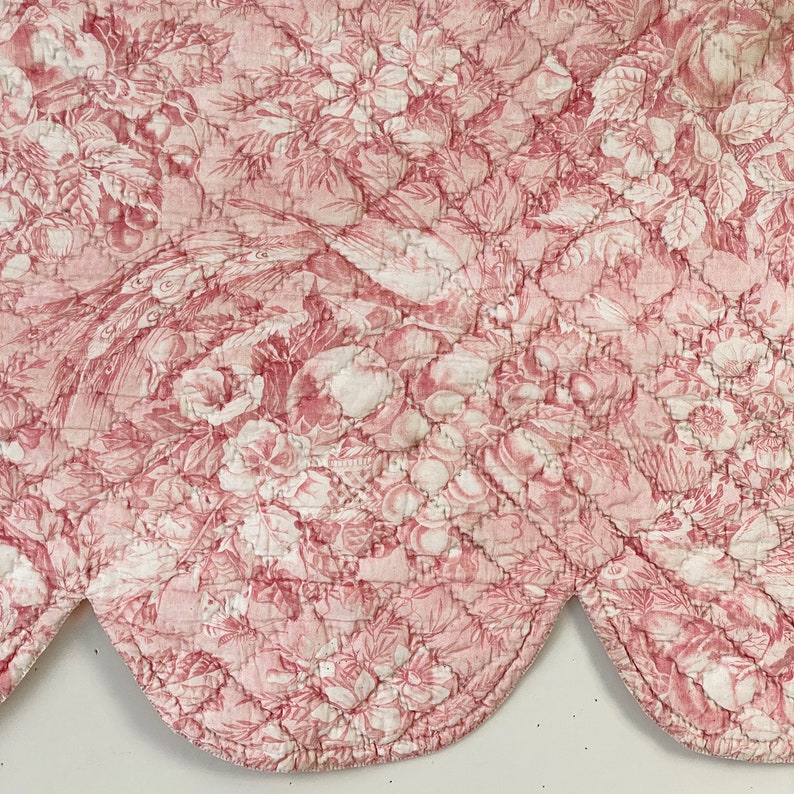 Antique valance quilted French toile d'Alsace France 1830 pink bird basket floral farmhouse cottage fabric material The Textile Trunk image 7