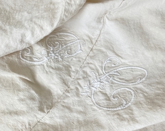 PC monogram Stained Sheet French linen cotton blend 1880 old textile